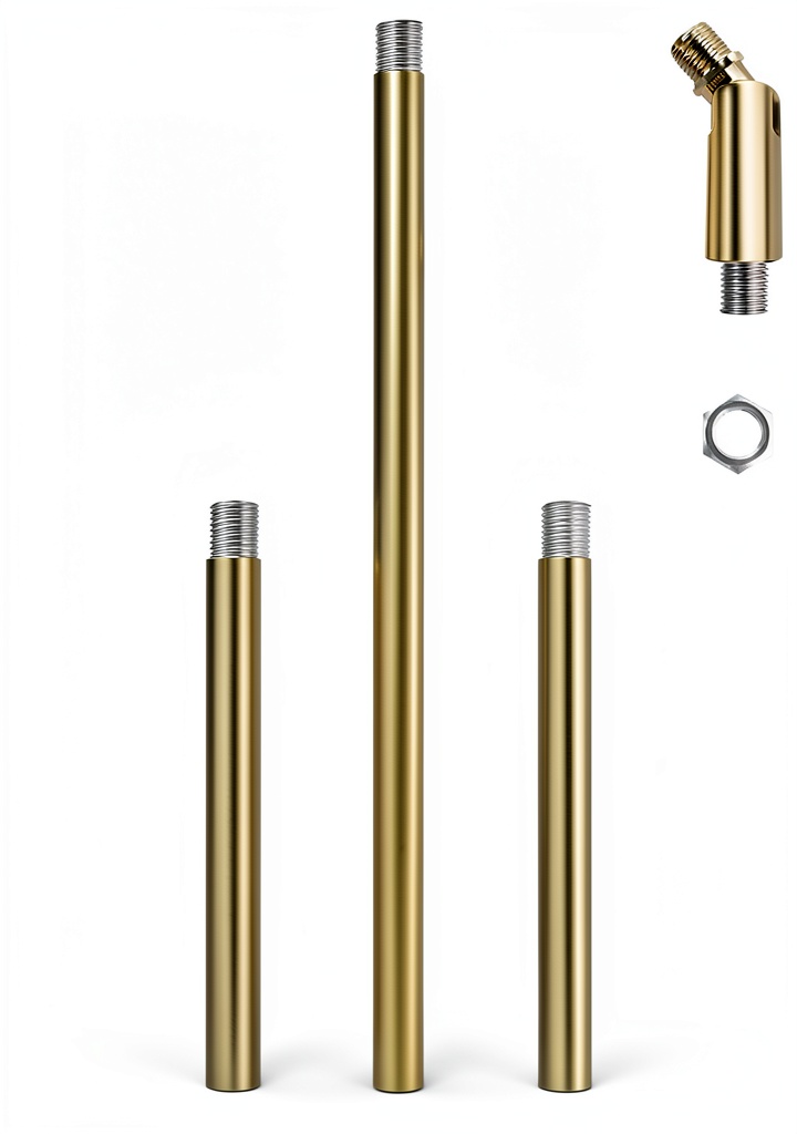 'MAYOMAJO brass extension rods displayed with connectors and dimensions'